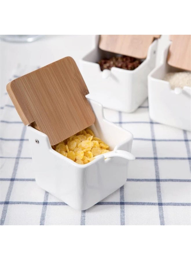 طقم 4 برطمانات توابل سيراميك مربع مع أغطية وملعقة لتخزين الملح والسكر والتوابل. - Image 4